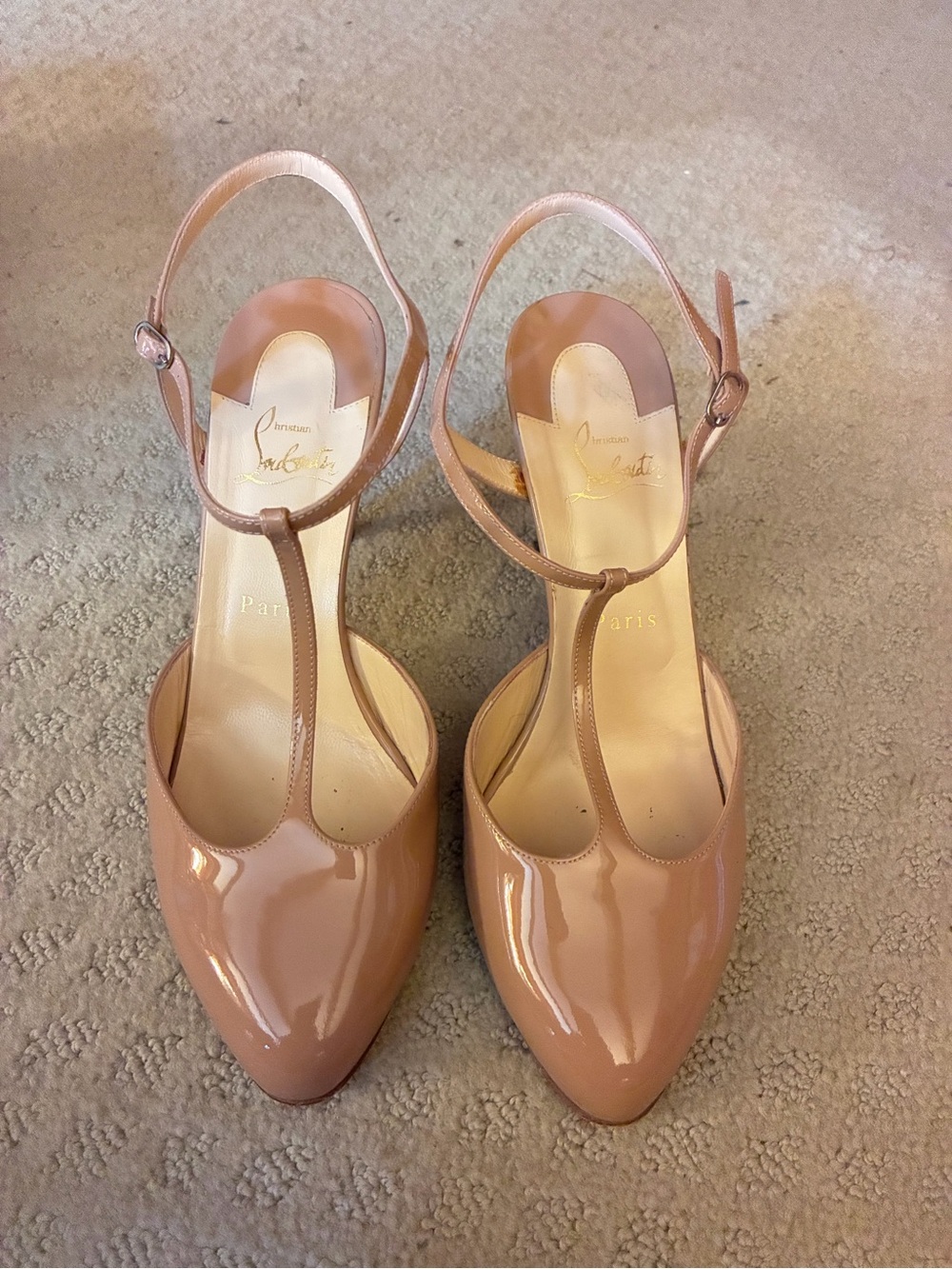 Christian Louboutin Nude Patent Leather T-Strap Pointed Pumps